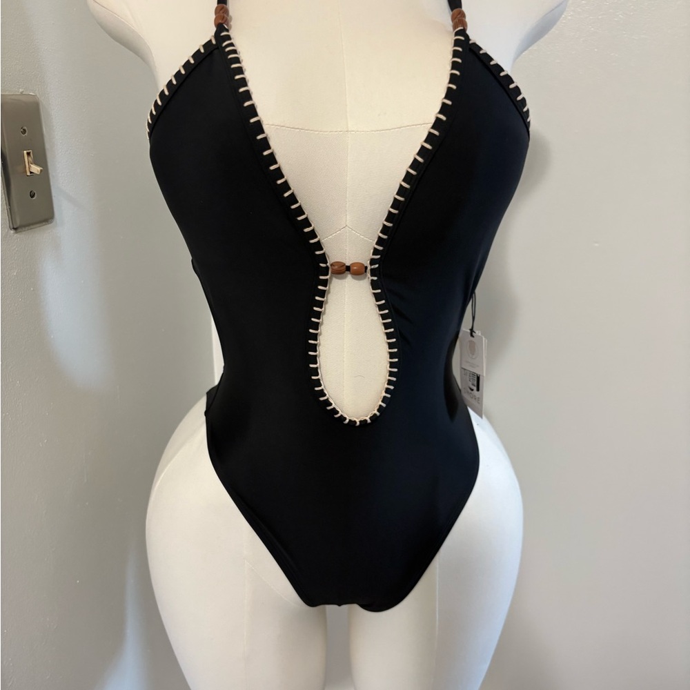 Black One-Piece Swimsuit with Contrast Stitch & Bead Accent NWT Small